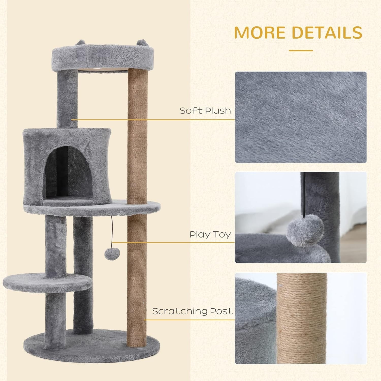 Grey Cat Tree Tower 104cm Condo Scratching Post Plush Perches Hanging Toy
