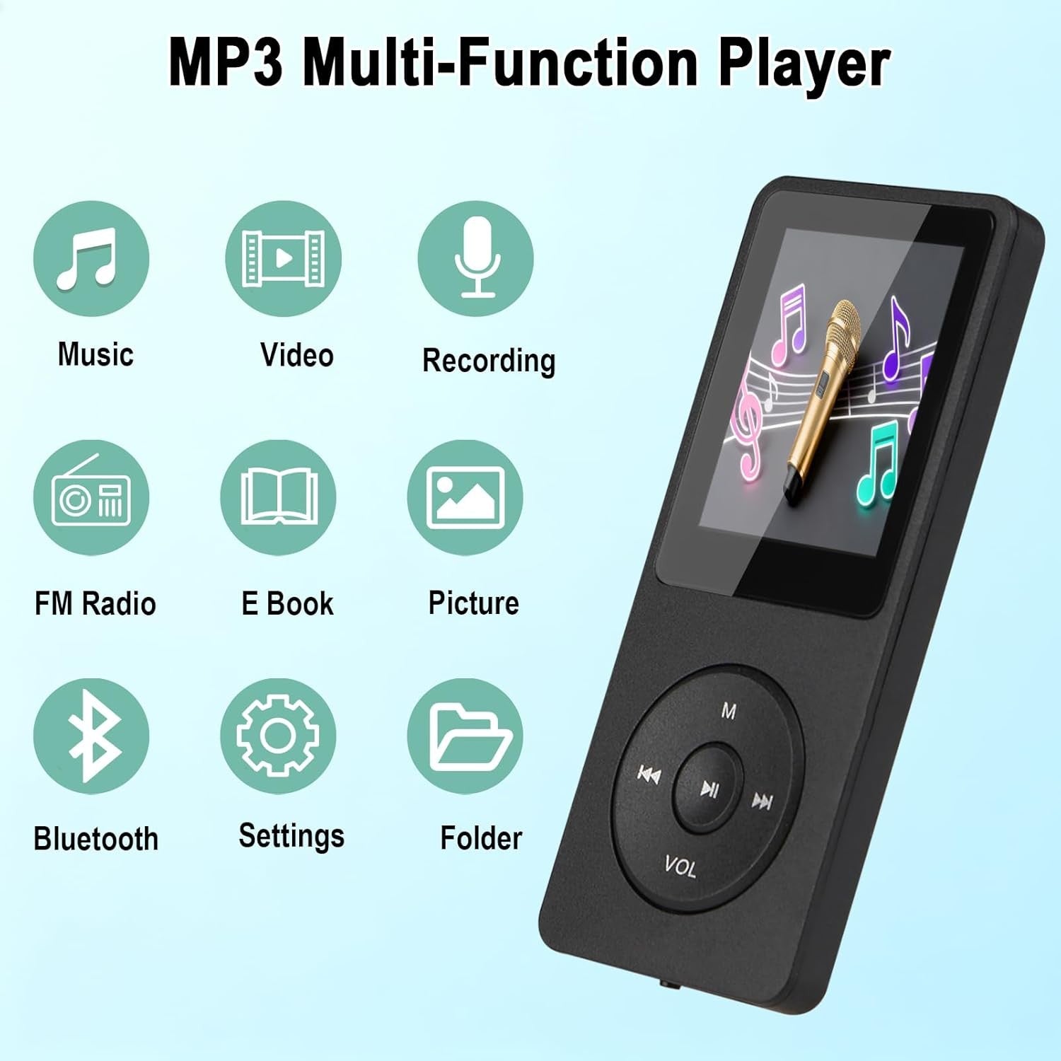 32GB Bluetooth 5.3 MP3 Player Black 1.8" Screen HiFi FM + Earphones