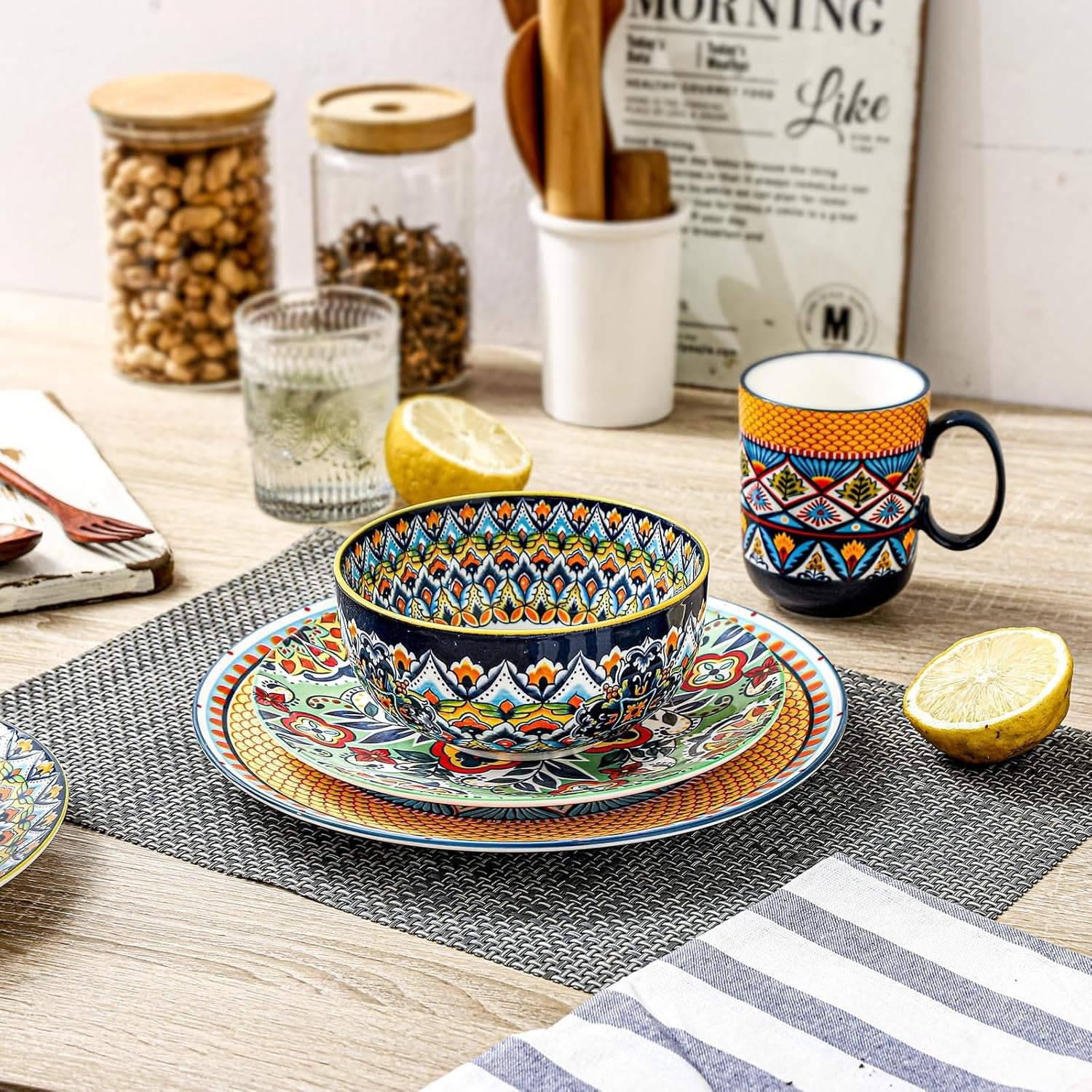 6pc Porcelain Cereal Soup Bowls 28oz Bohemian Floral Dishwasher Safe