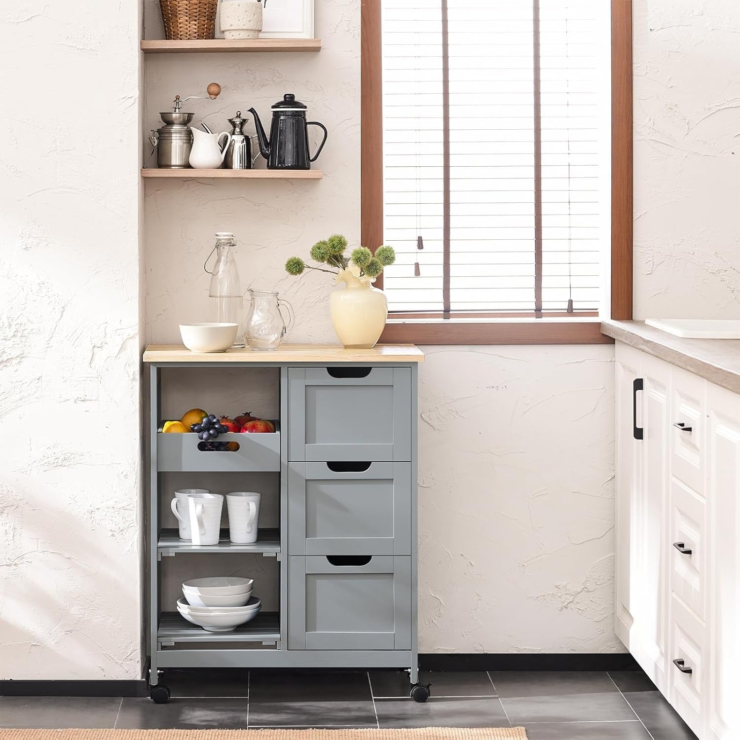 Kitchen Island Trolley with 3 Drawers & Removable Tray Grey 67x37cm