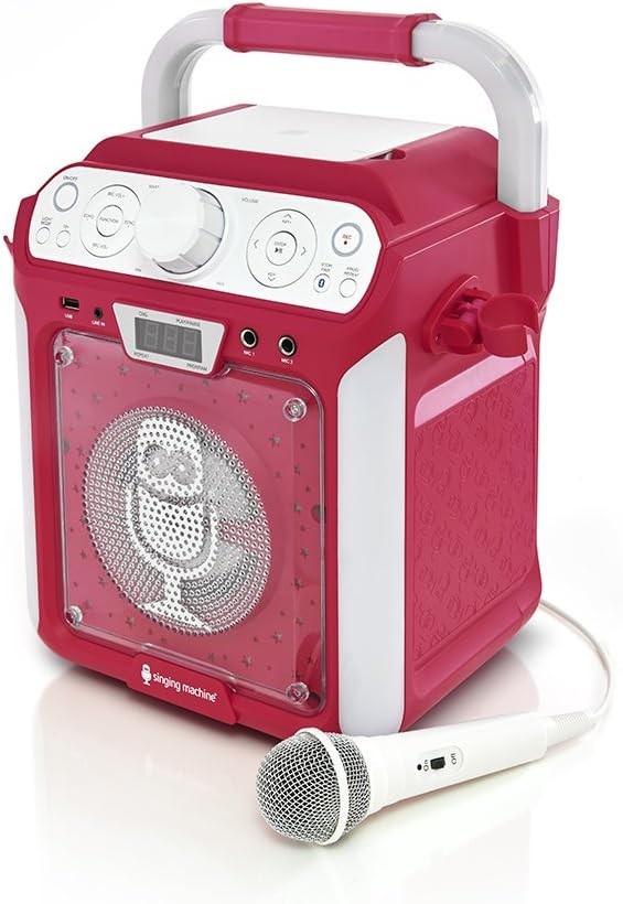 Bluetooth CD Karaoke Machine LED Lights Mic Party Speaker Pink