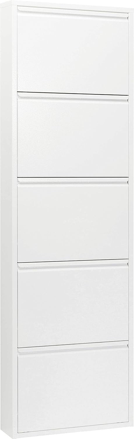 Slim 5-Drawer Shoe Cabinet White– Space-Saving Metal Tilt Rack 170x50x15cm