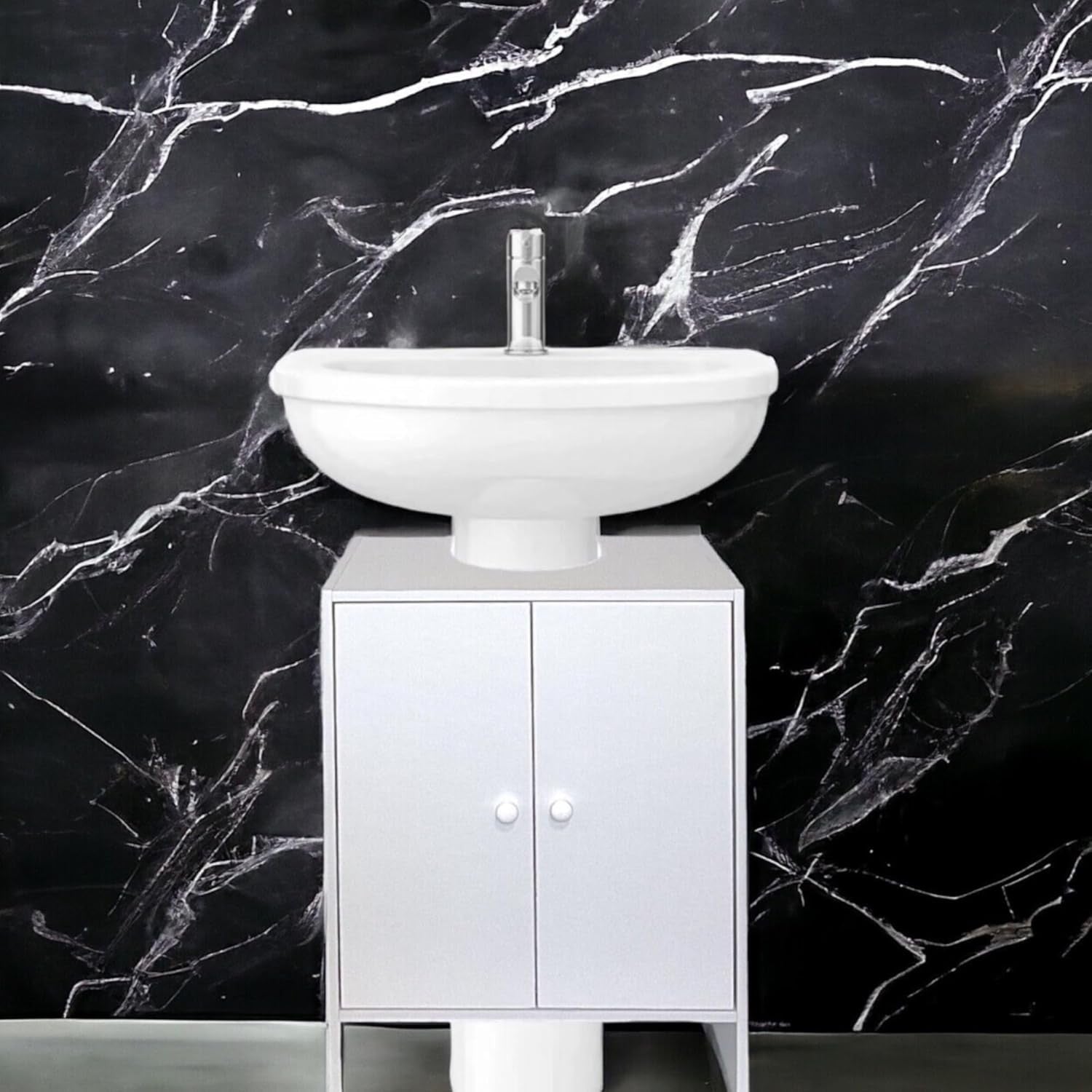 White Under Sink Bathroom Cabinet with Double Doors – Compact Storage Unit