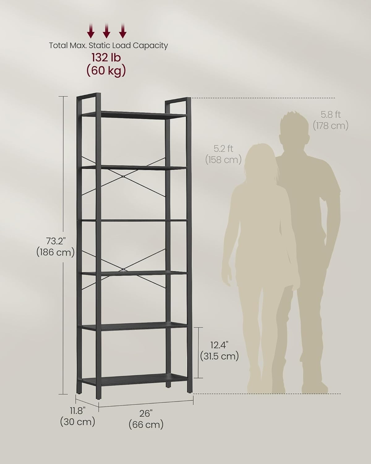 6-Tier Industrial Bookshelf 186cm Tall Wide Storage Unit Ebony Black