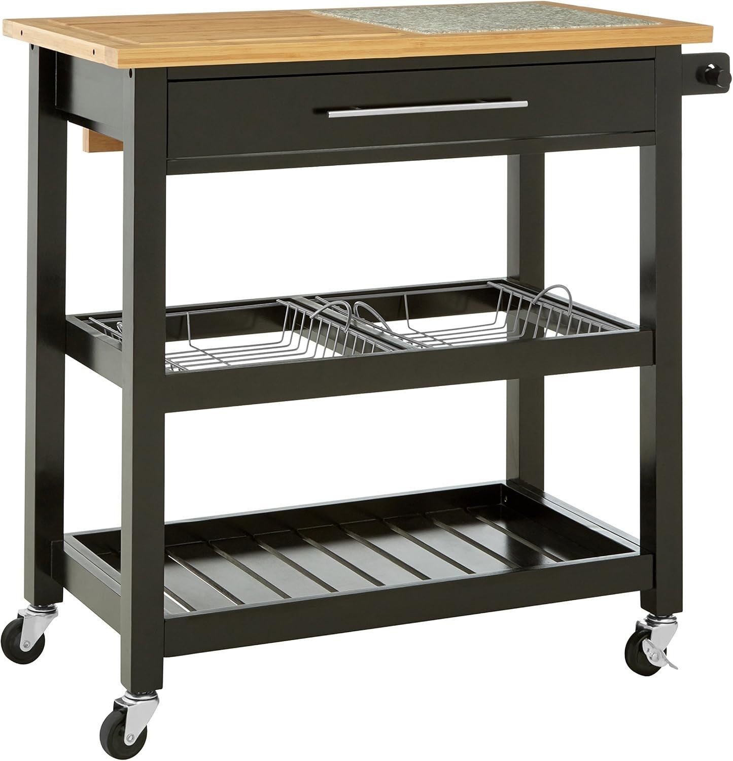 Black Pine Wood Kitchen Trolley Granite Top 90cm Storage Cart