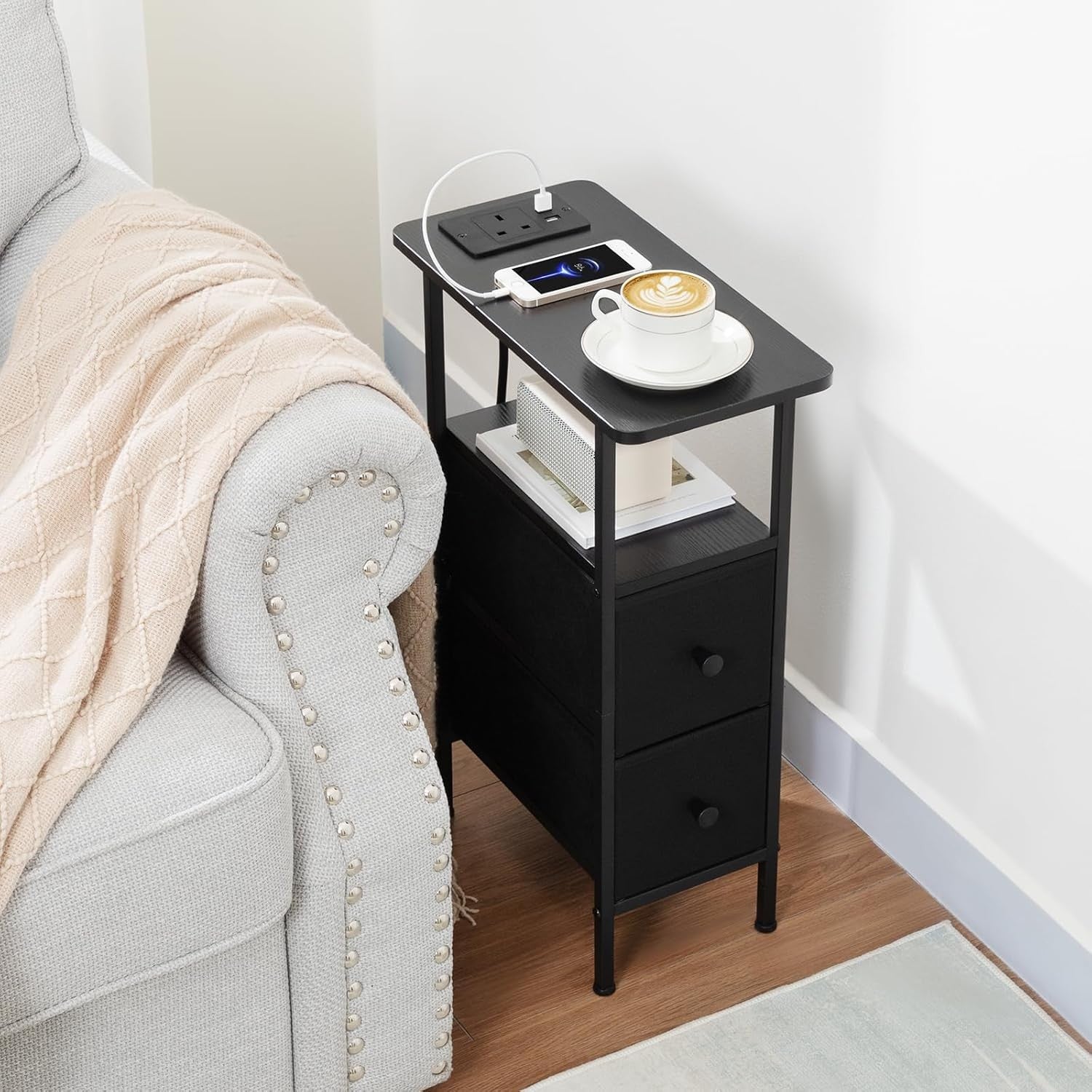 Slim Bedside Table with Charging Station, 2 Fabric Drawers & Open Shelf Storage