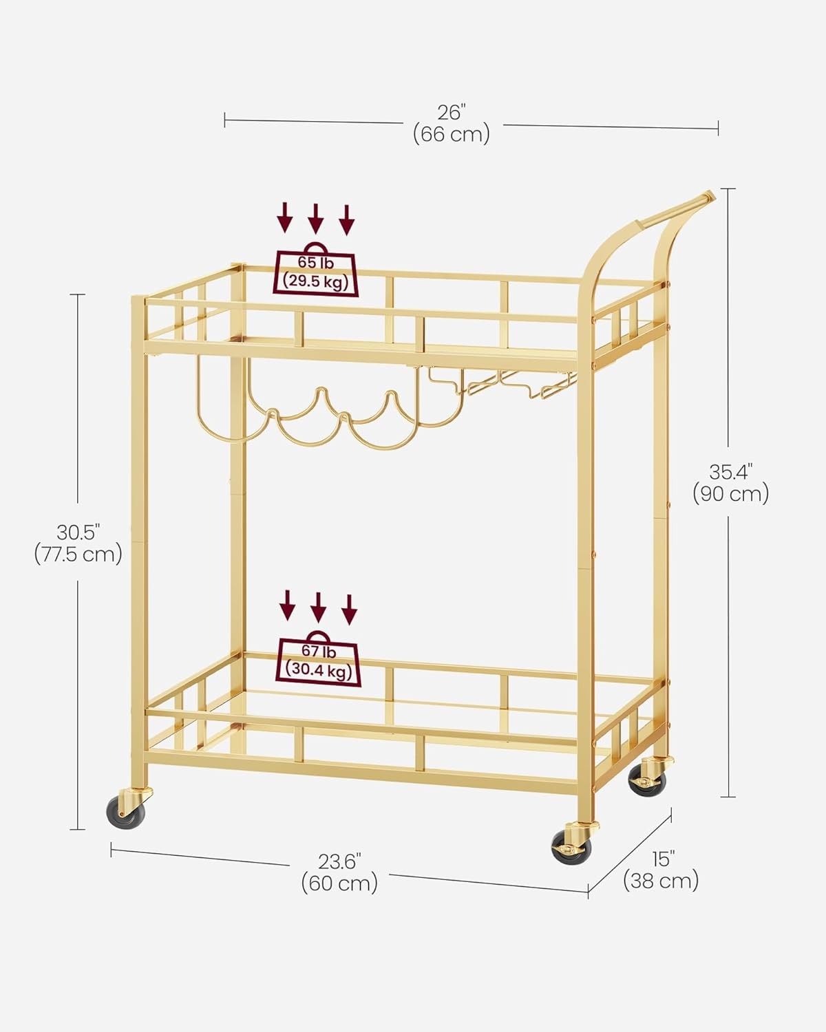 Gold Drinks Trolley Bar Cart on Wheels with Wine Glass Holders & Shelves