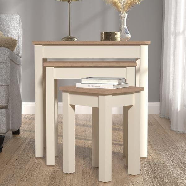 Space Saving Nesting End Tables Set of 2 Ivory Oak Engineered Wood Living Room