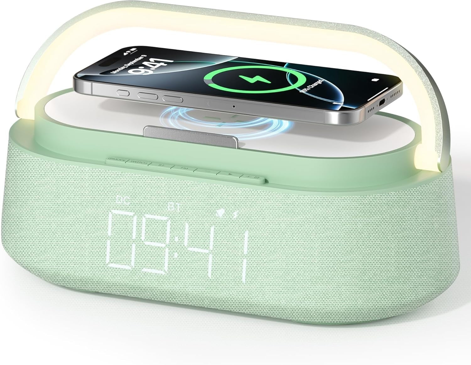 Green Bluetooth Speaker Alarm Clock Wireless Charger LED Night Light Radio