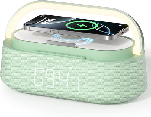 Green Bluetooth Speaker Alarm Clock Wireless Charger LED Night Light Radio