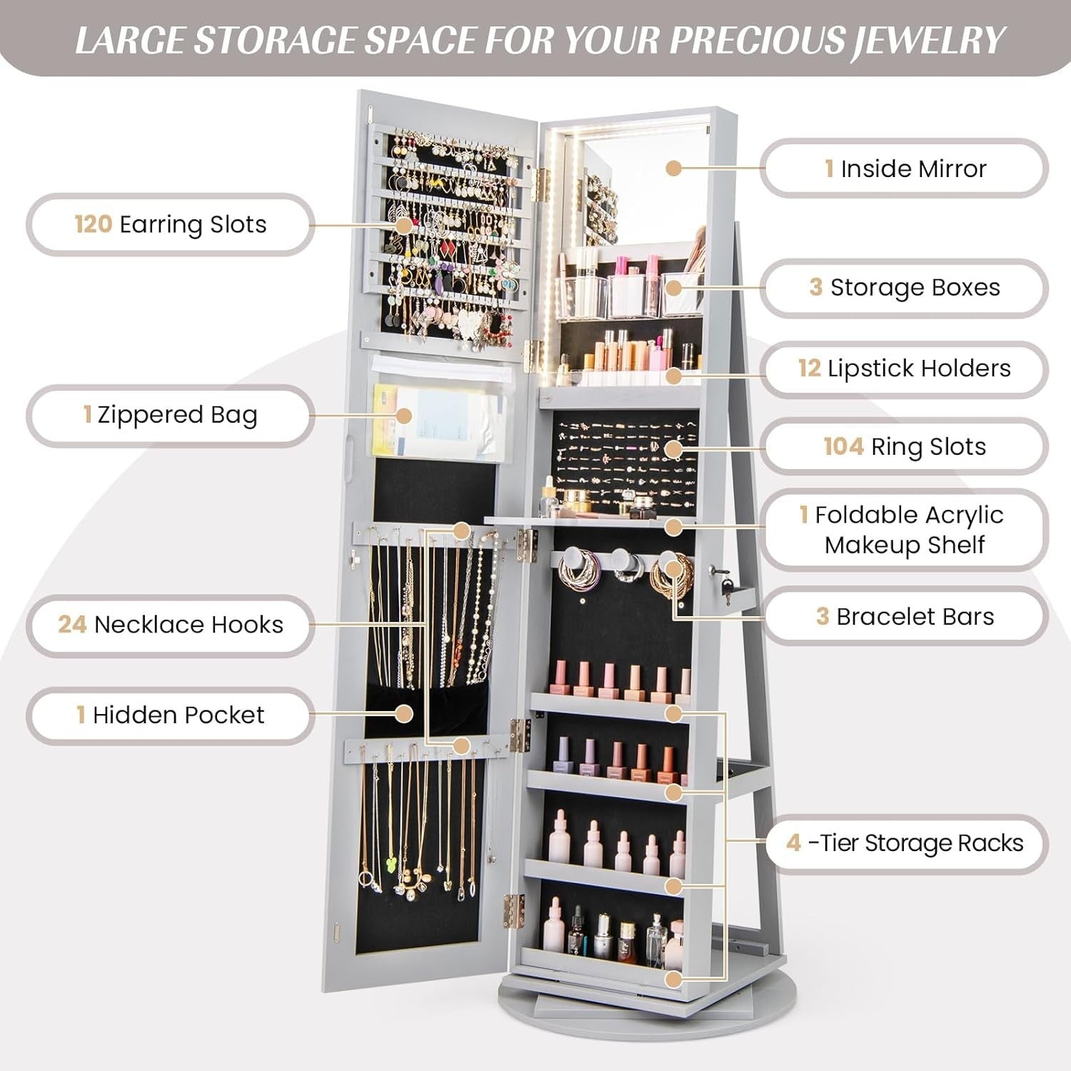 Grey 360° Swivel LED Jewelry Cabinet Mirror Lockable 3-Color Storage