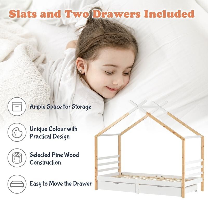 3FT Kids House Bed with Storage Drawers Solid Wood Teepee Frame Toddler Single B