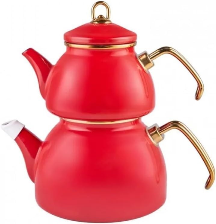 Red Enamel Turkish Tea Kettle Set 1.1L Teapot 2.3L Induction Safe