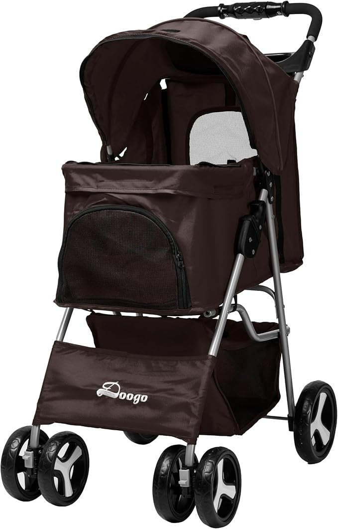 Brown Foldable Pet Stroller with Rain Cover Dog Buggy for Small Medium Pets