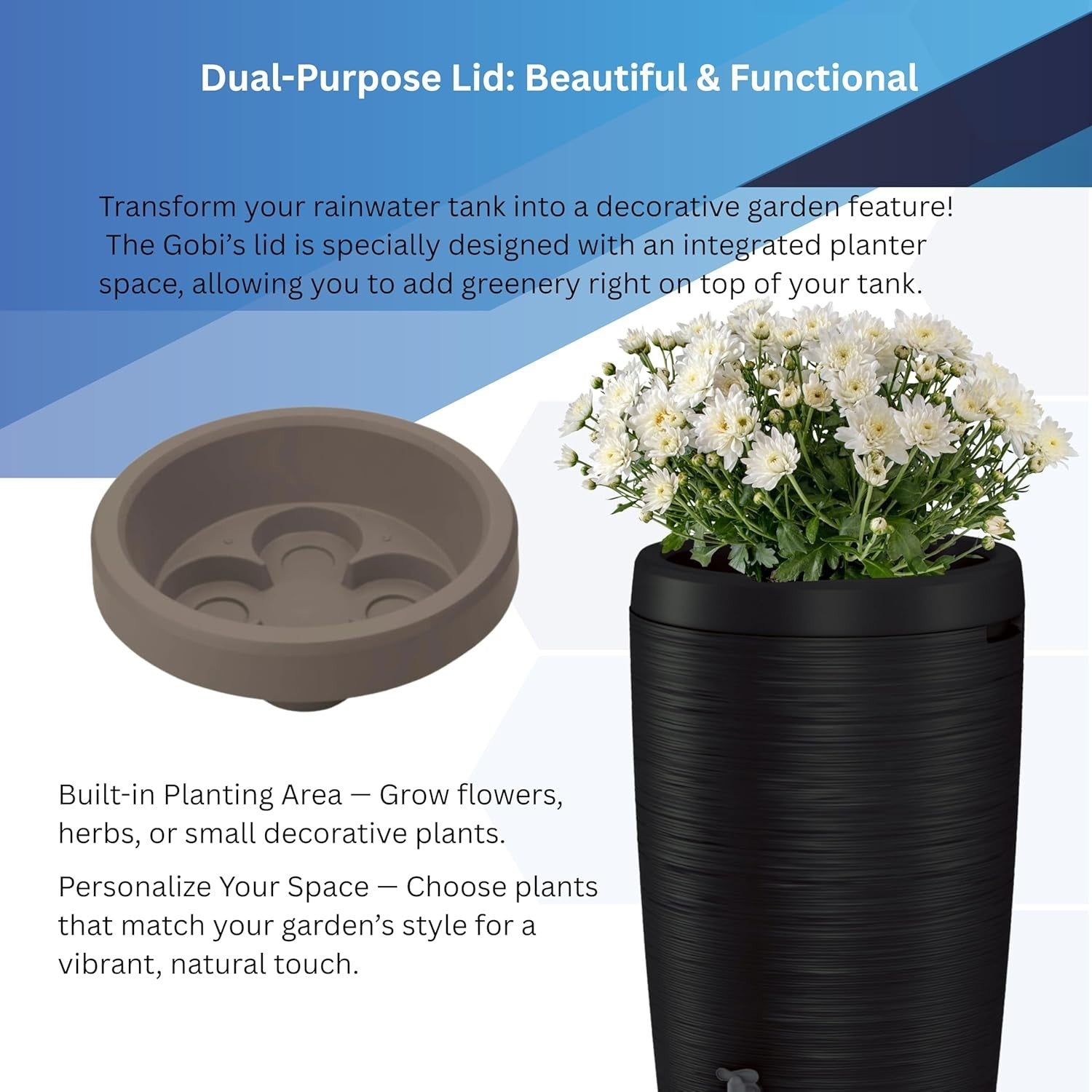 240L Brown Rainwater Tank with Planter Top Tap & Connector Kit Garden Barrel