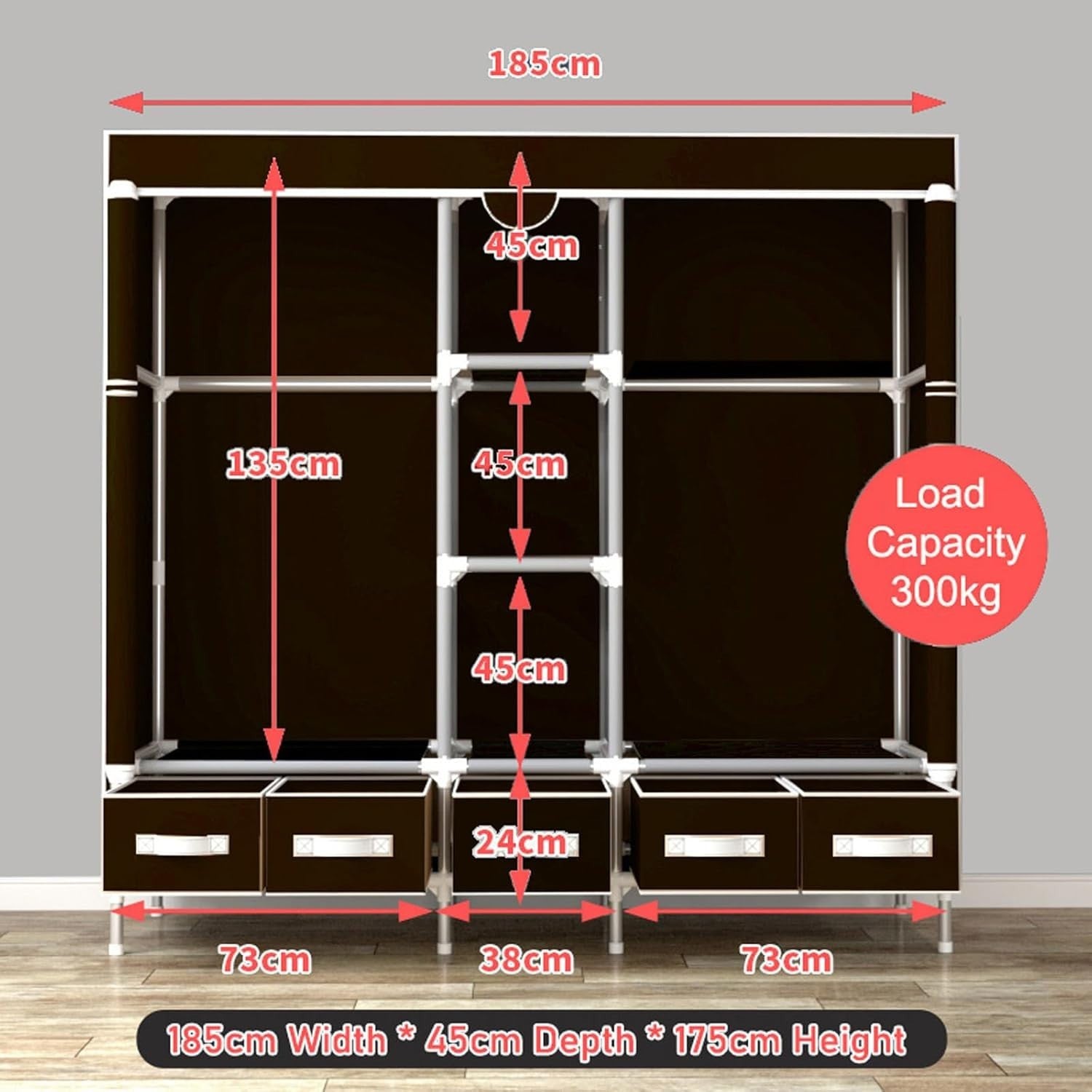 Large Canvas Wardrobe Storage Unit 5 Drawers Hanging Rail Shelves 175cm