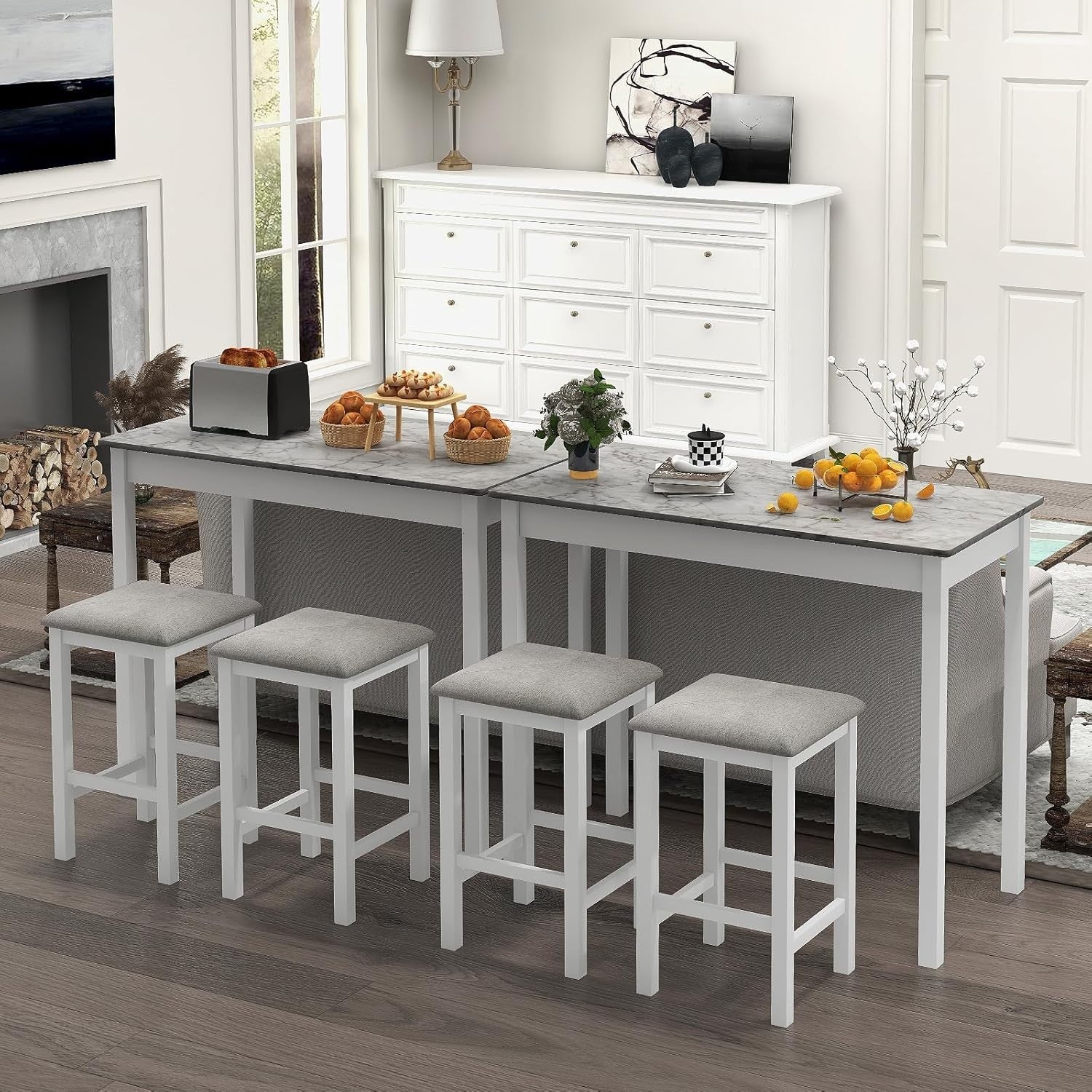 3-Piece Bar Table Set with 2 Stools, Compact Breakfast Bar with Cushioned Seats