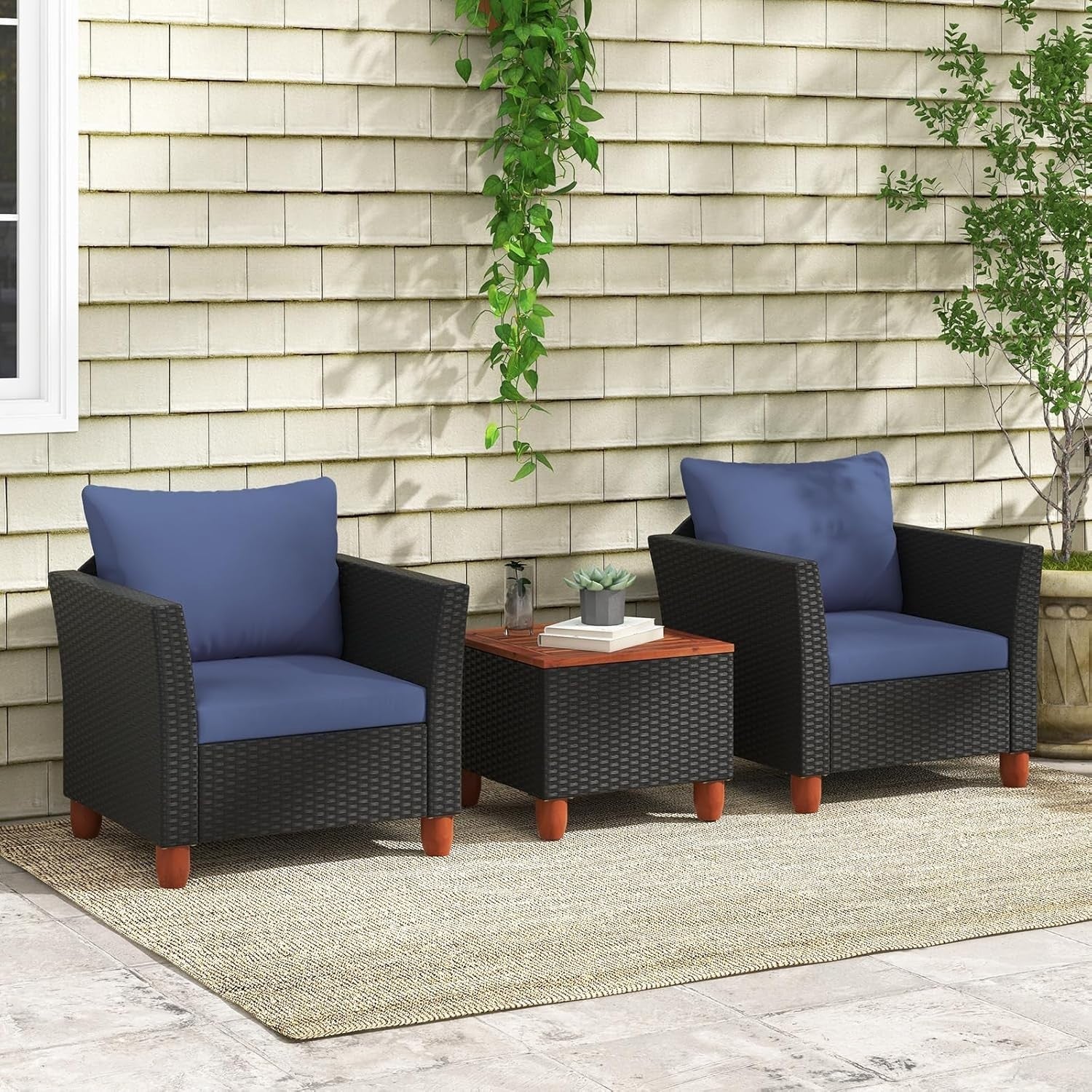 3 Piece Rattan Bistro Set with Storage Table Garden Patio Chairs Cushions