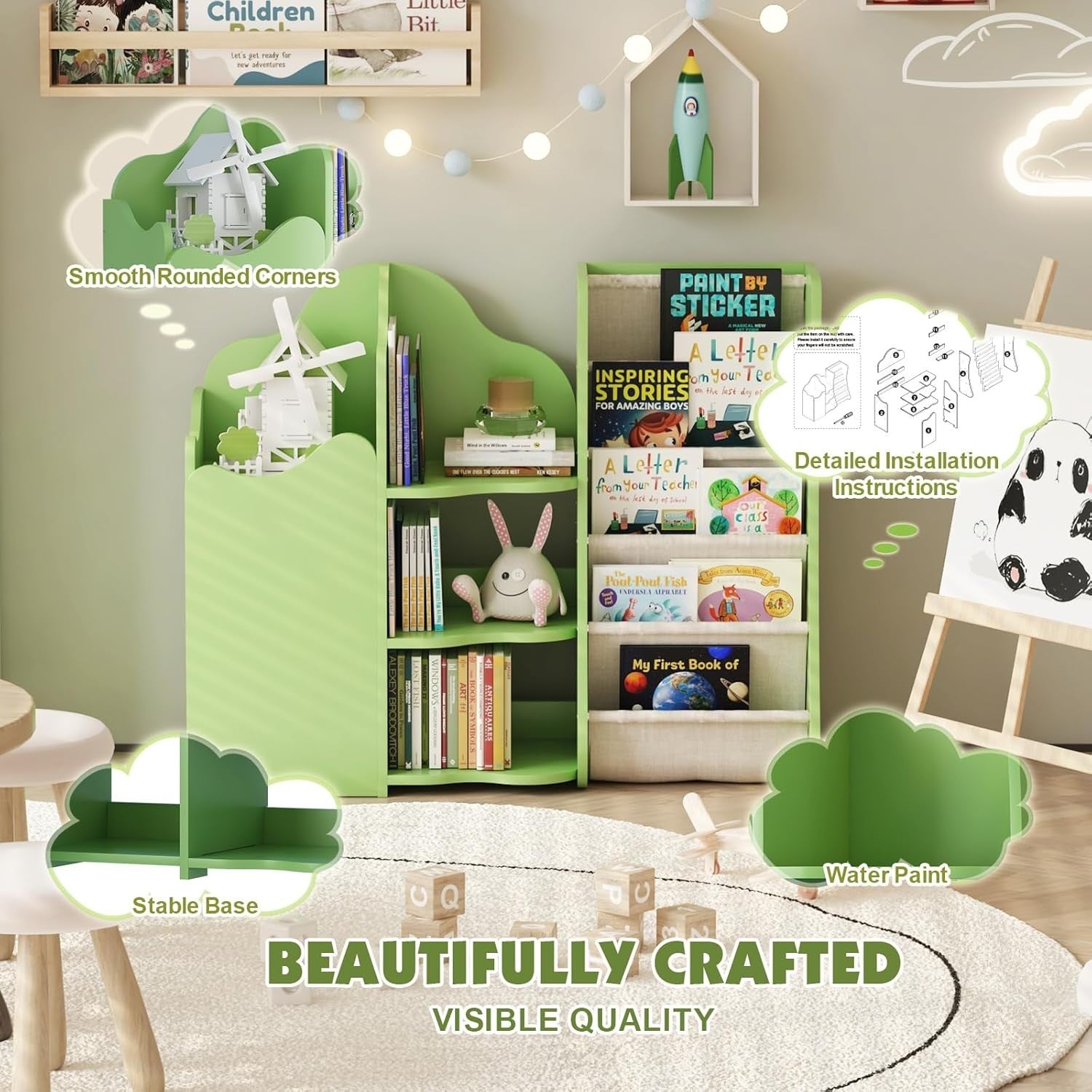 Kids Wooden Bookshelf & Toy Storage Organizer with 5 Sling Pockets & Doors