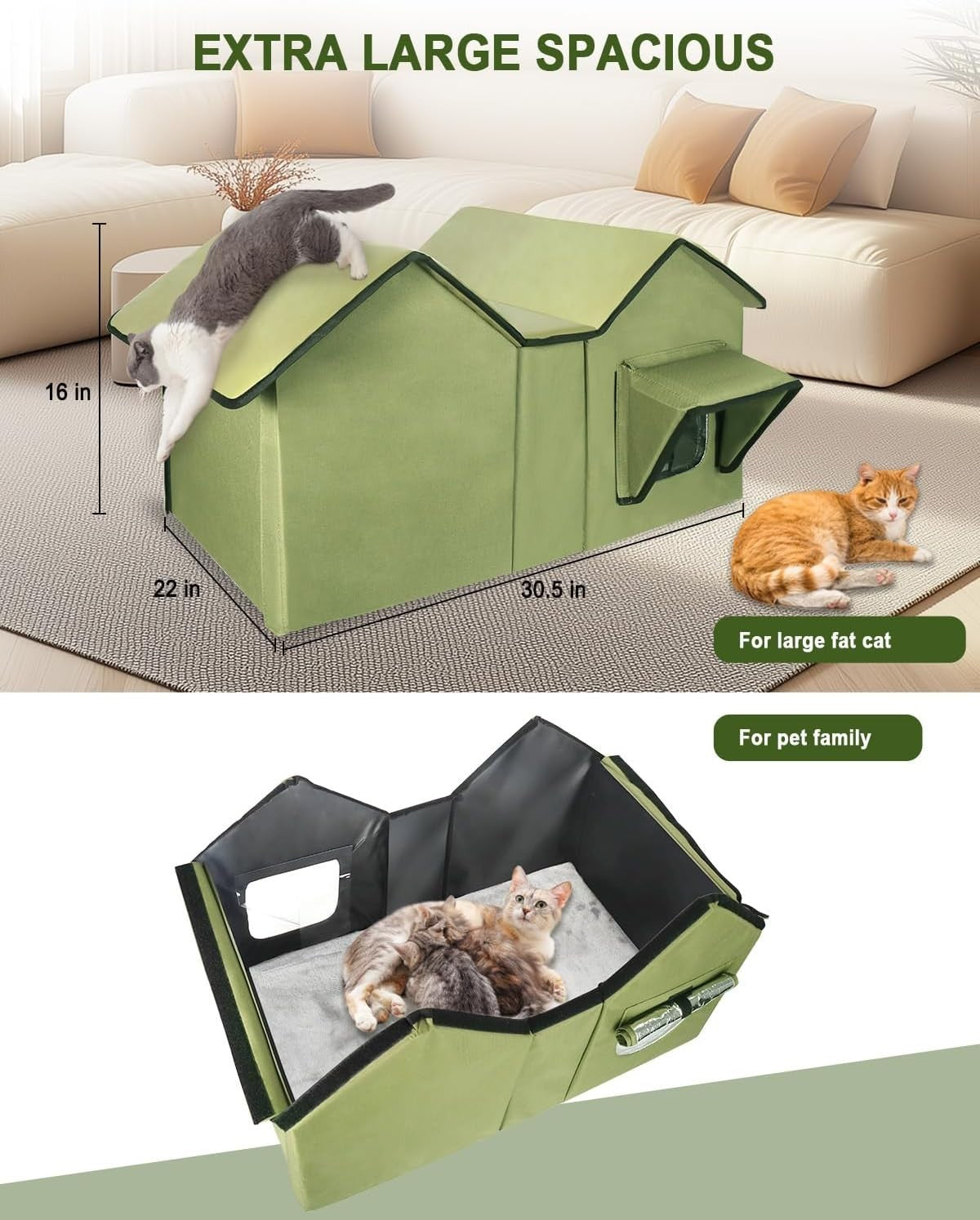 Waterproof Outdoor Cat House Extra Large Shelter with Cushion & Elevated Base