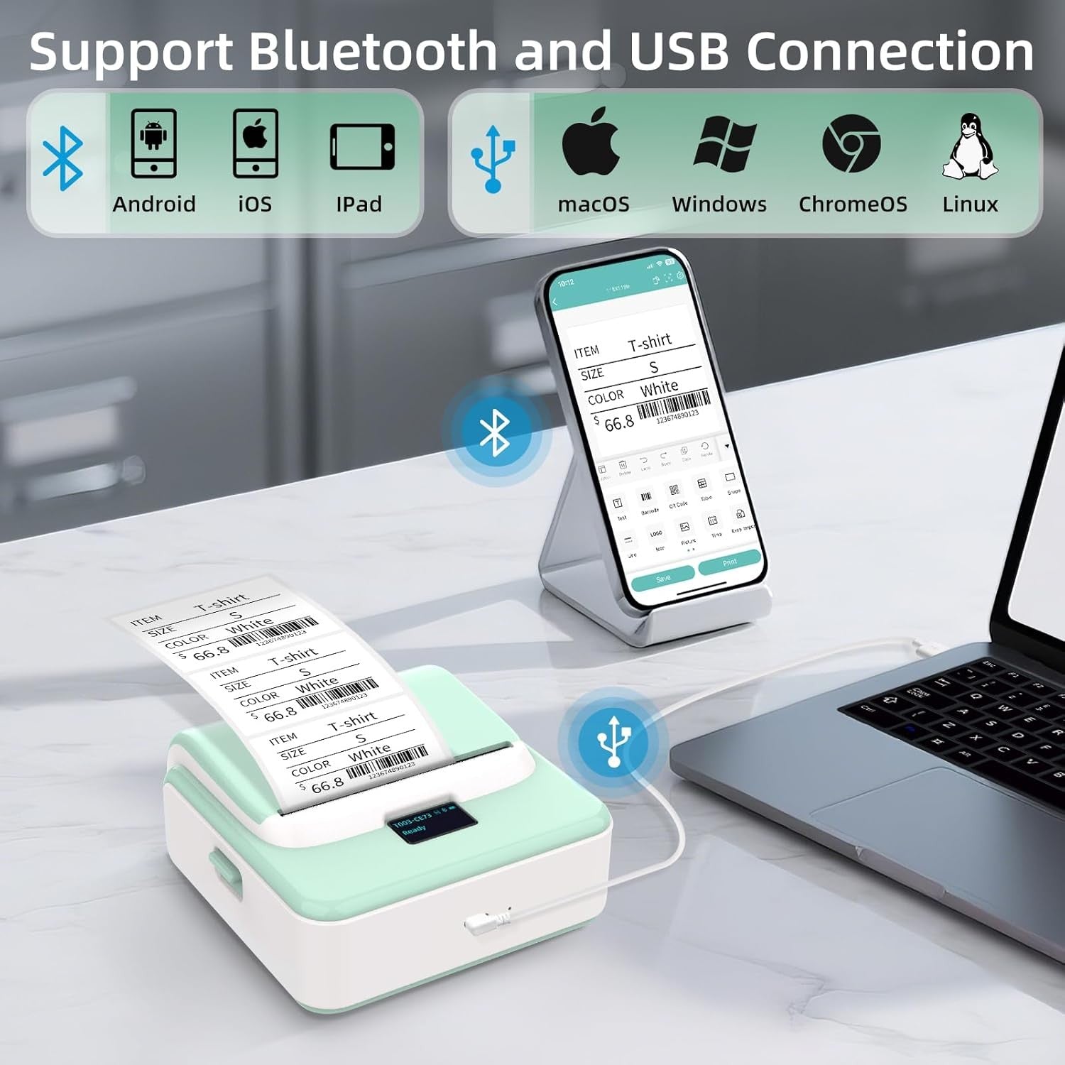 ORGSTA T003 Thermal Label Maker – Bluetooth & USB Portable Mini Printer 20-75mm