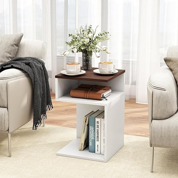 COSTWAY S-Shaped End Table, Narrow Sofa Side Table with 2 Open Storage Shelves,