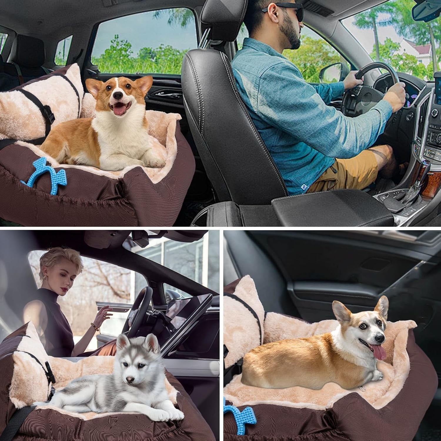 Small Dog Car Seat Pet Travel Bed Safety Leash Non Slip Base Brown