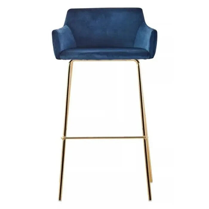 Blue Velvet Bar Stool with Arms Gold Metal Legs Low Back Breakfast Chair