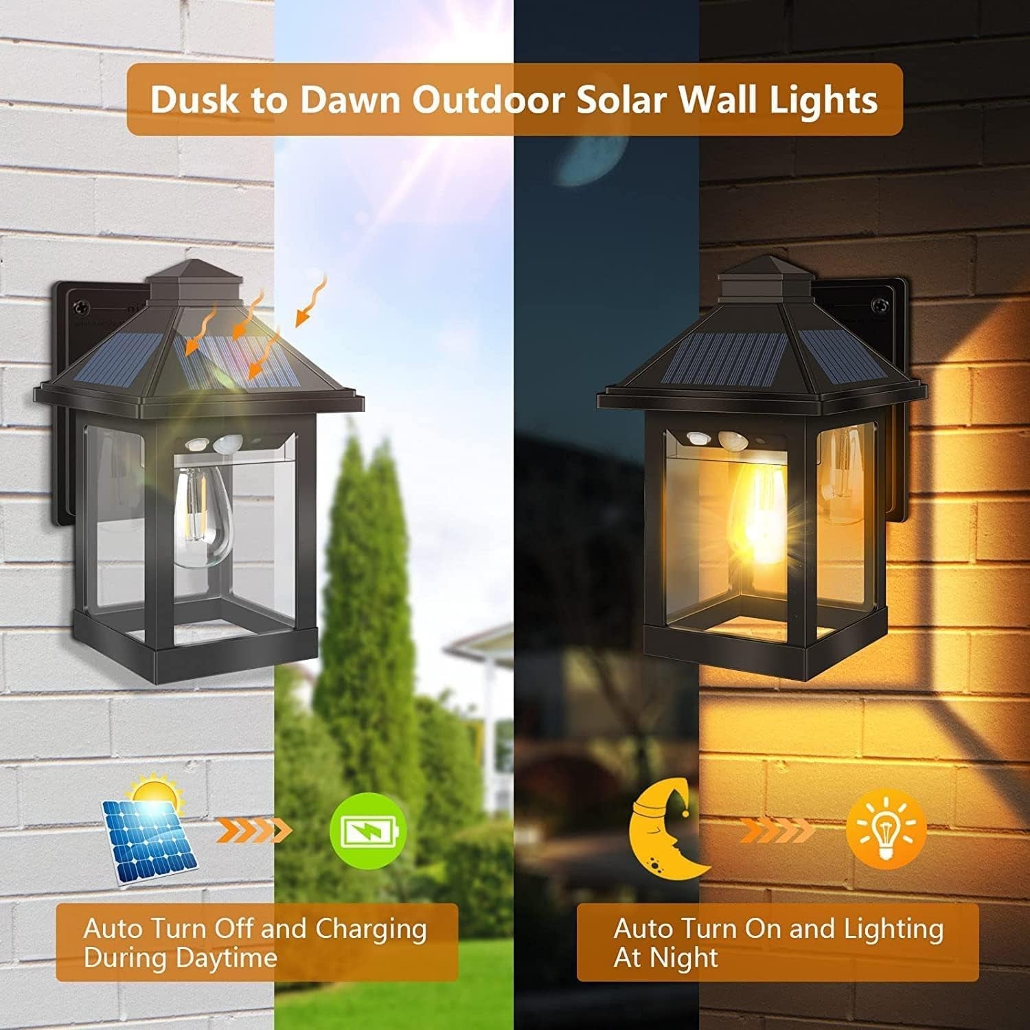 Solar Wall Lantern Lights 2 Pack Vintage Motion Sensor IP65 Outdoor