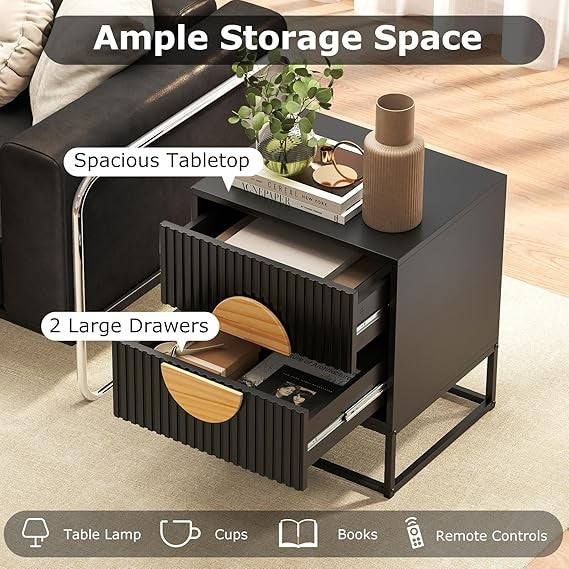 Set of 2 Black Modern Bedside Tables – Dual Drawers Metal Frame Wood Accent