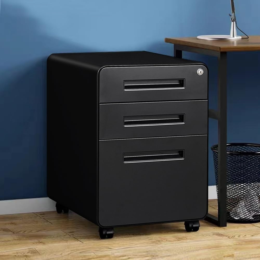 Black 3 Drawer Lockable Mobile File Cabinet 51x40x63.5cm