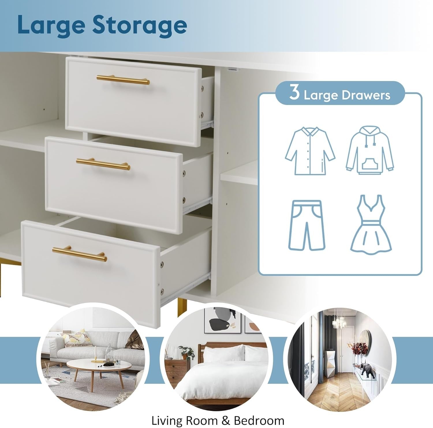Adjustable Height White Sideboard Storage Cabinet with 3 Drawers & 2 Doors