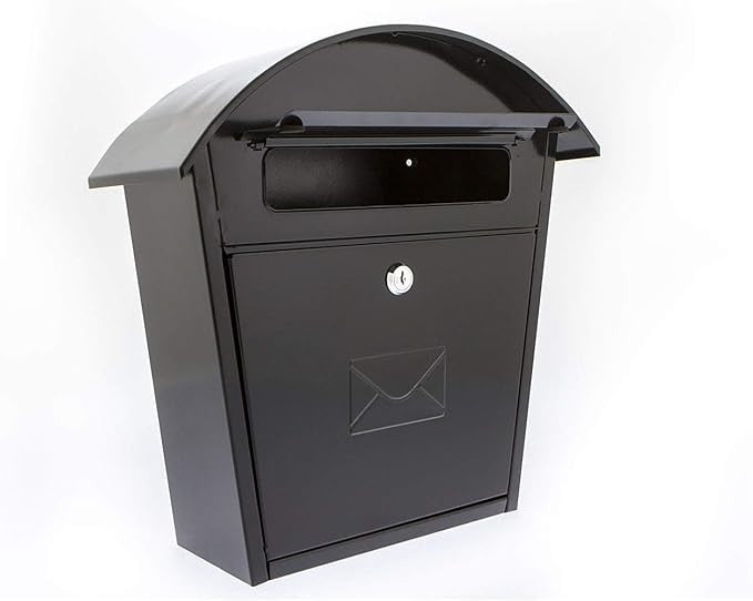 Lockable Wall Mounted Mailbox Black Steel Weatherproof Secure Box 36x37x13cm