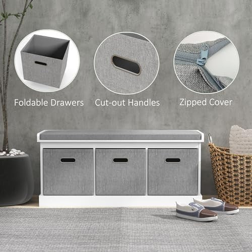 White 3-Drawer Shoe Storage Bench with Cushion Seat – Modern 105cm Hallway