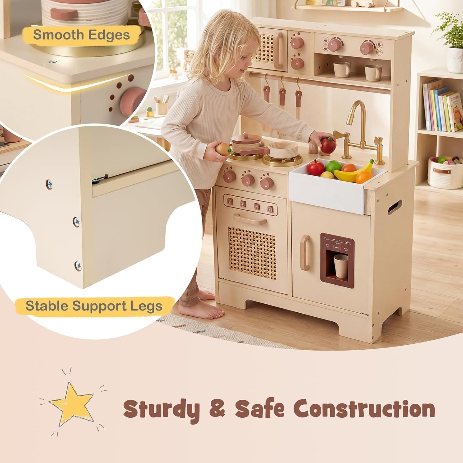 Kids Wooden Play Kitchen w/ Lights Sounds Ice Maker Yellow