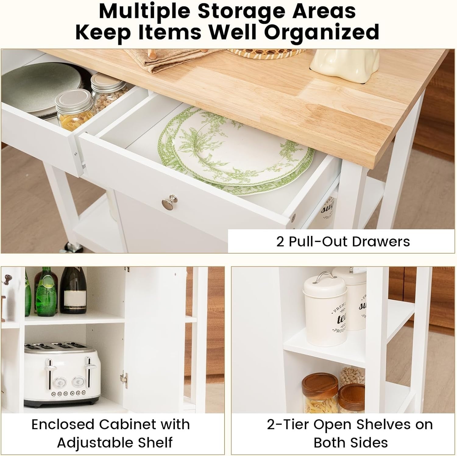 Mobile Kitchen Island Cart with Adjustable Shelves, Drawers & Lockable Wheels