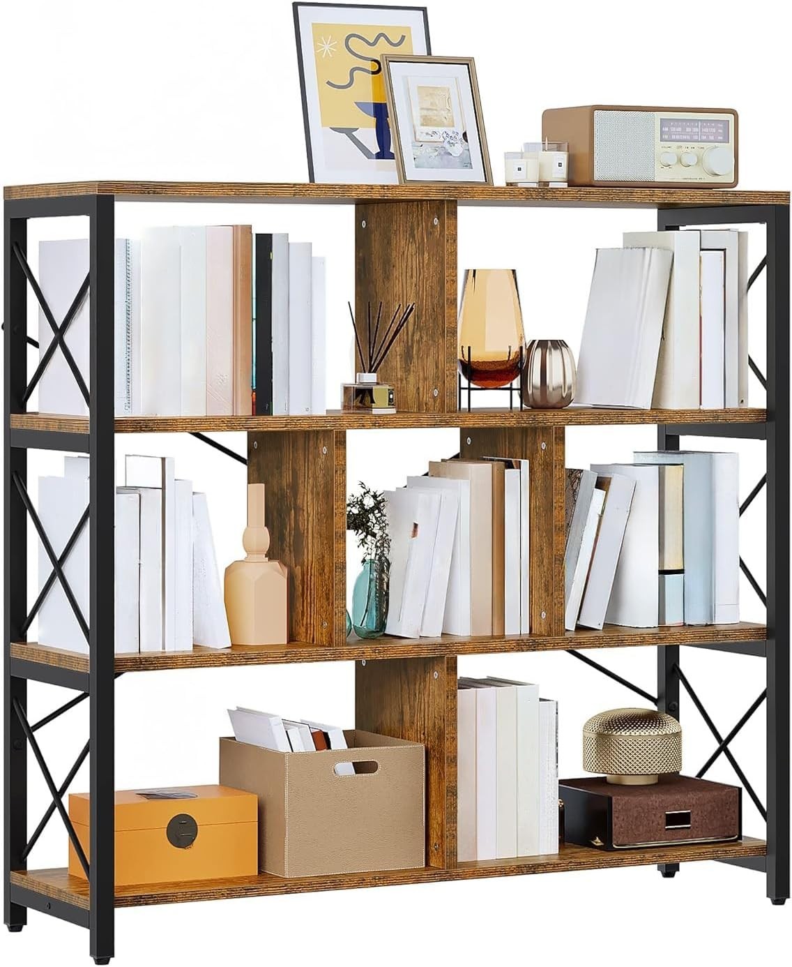 4 Tier Industrial Cube Bookcase Retro Brown Metal Frame Storage Display Shelf