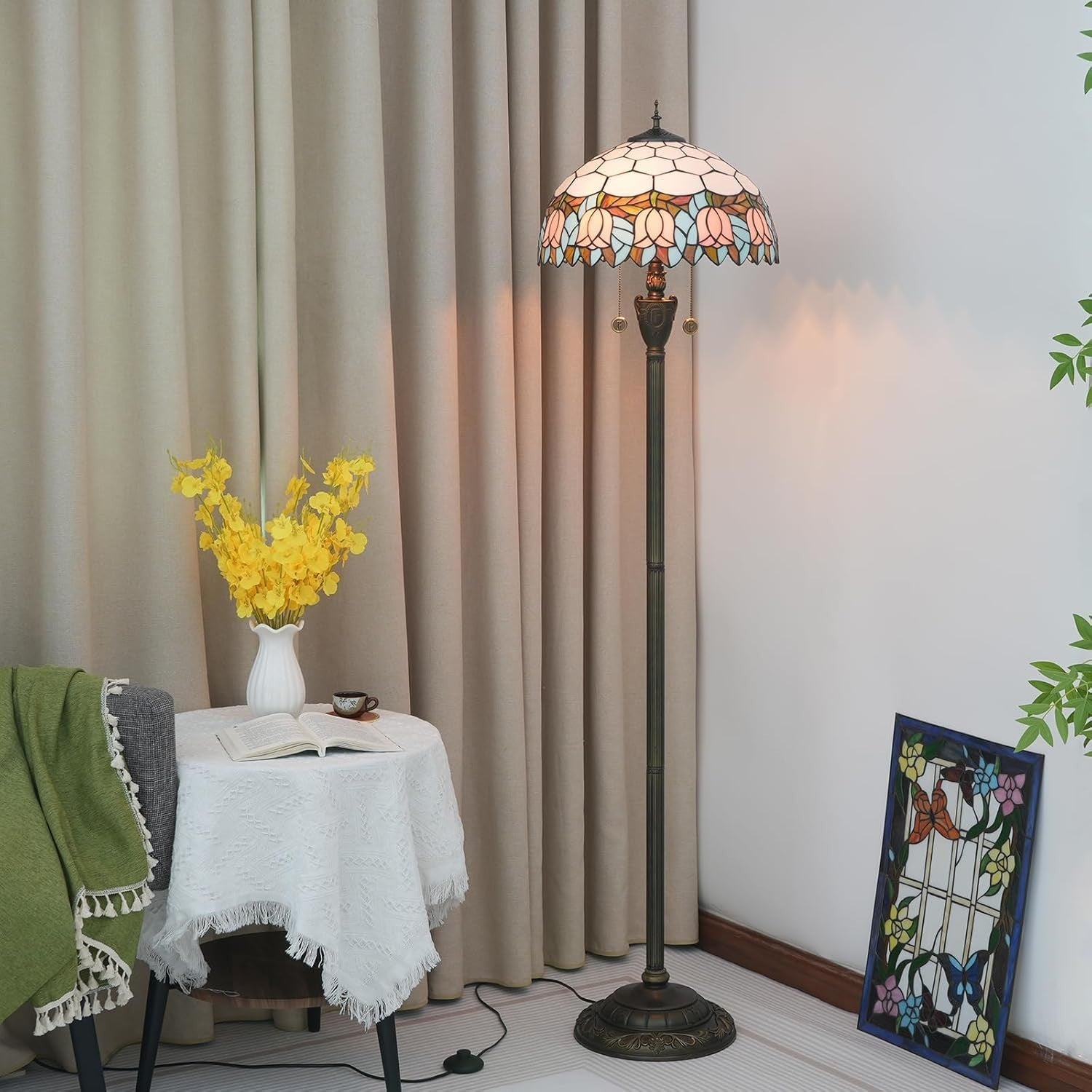 Pink Tulip Stained Glass Floor Lamp with Vintage Bronze Base & Foot Switch