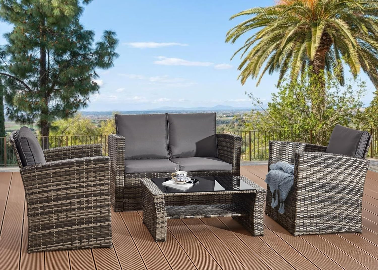 4pc Rattan Garden Furniture Set Outdoor Patio Sofa Chairs Table Wicker