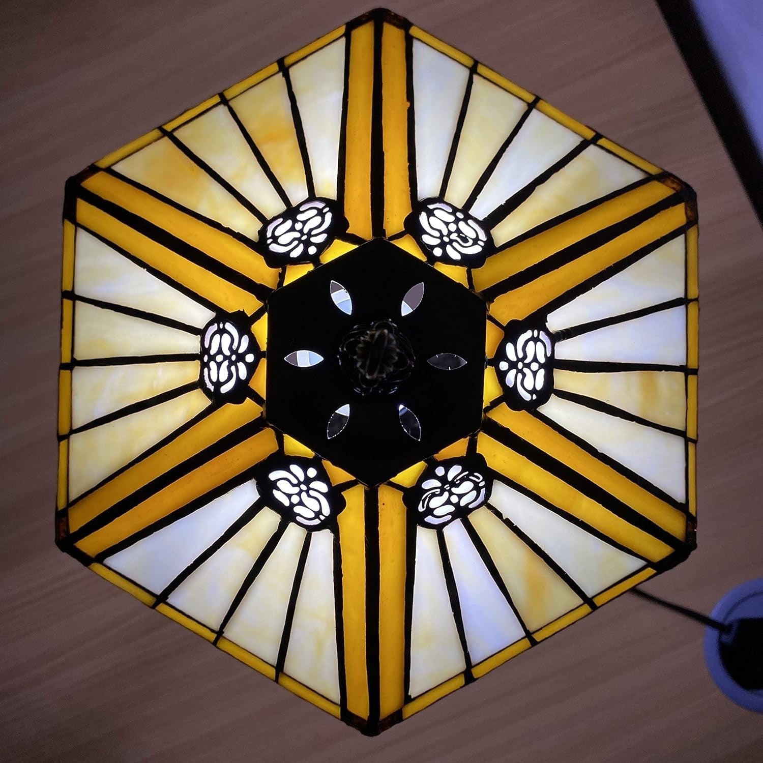 Hexagon Stained Glass Table Lamp, Handmade Vintage Desk Lamp for Bedroom