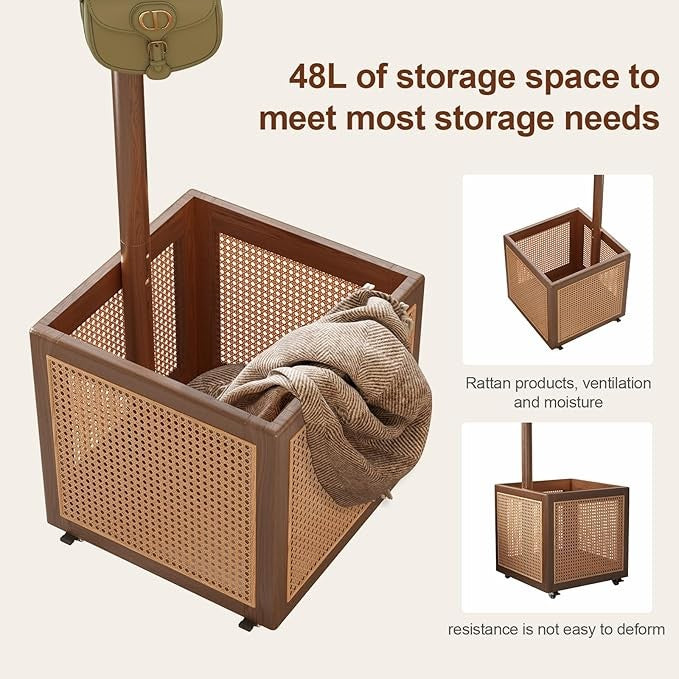 Walnut Wooden Coat Rack Stand | 5 Hooks with Storage Basket Hall Tree