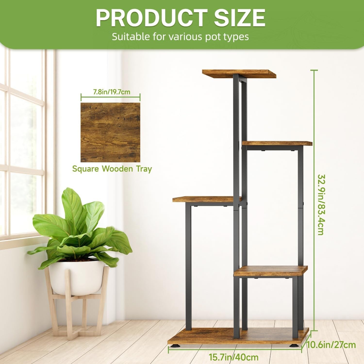 5-Tier Metal & Wood Plant Stand | Tall Corner Indoor Outdoor Shelf Display