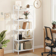 5-Tier White Industrial Bookshelf Metal Frame Wood Shelving Storage Unit