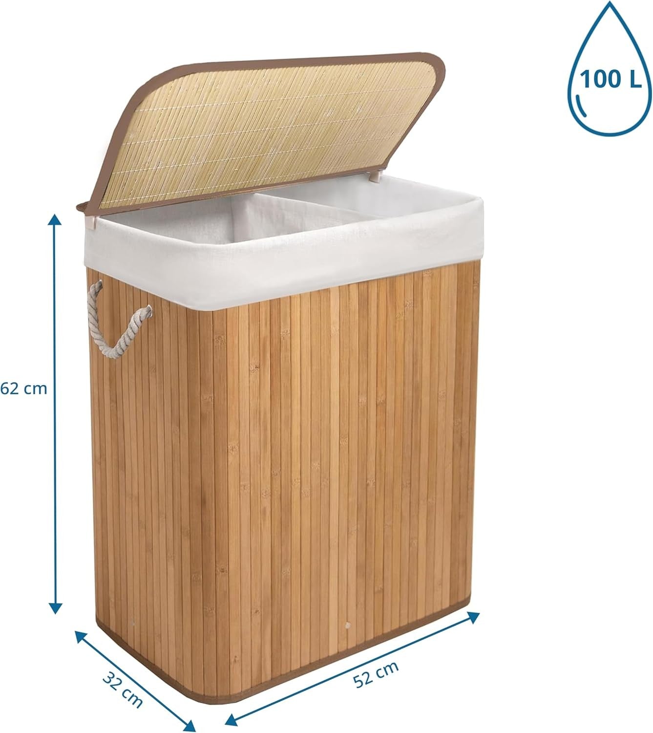 XL Bamboo Laundry Basket 2-Compartment 100L Hamper with Lid & Handles | Folding