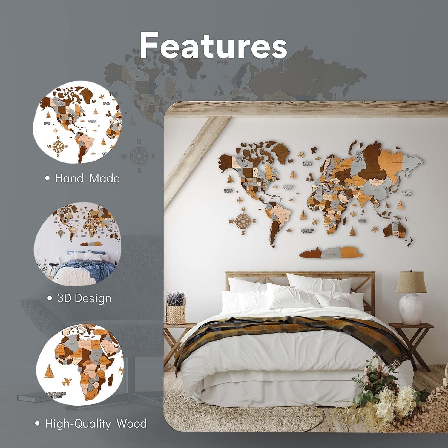 3D Wooden World Map Wall Decor Large Travel Art Home Office Decor