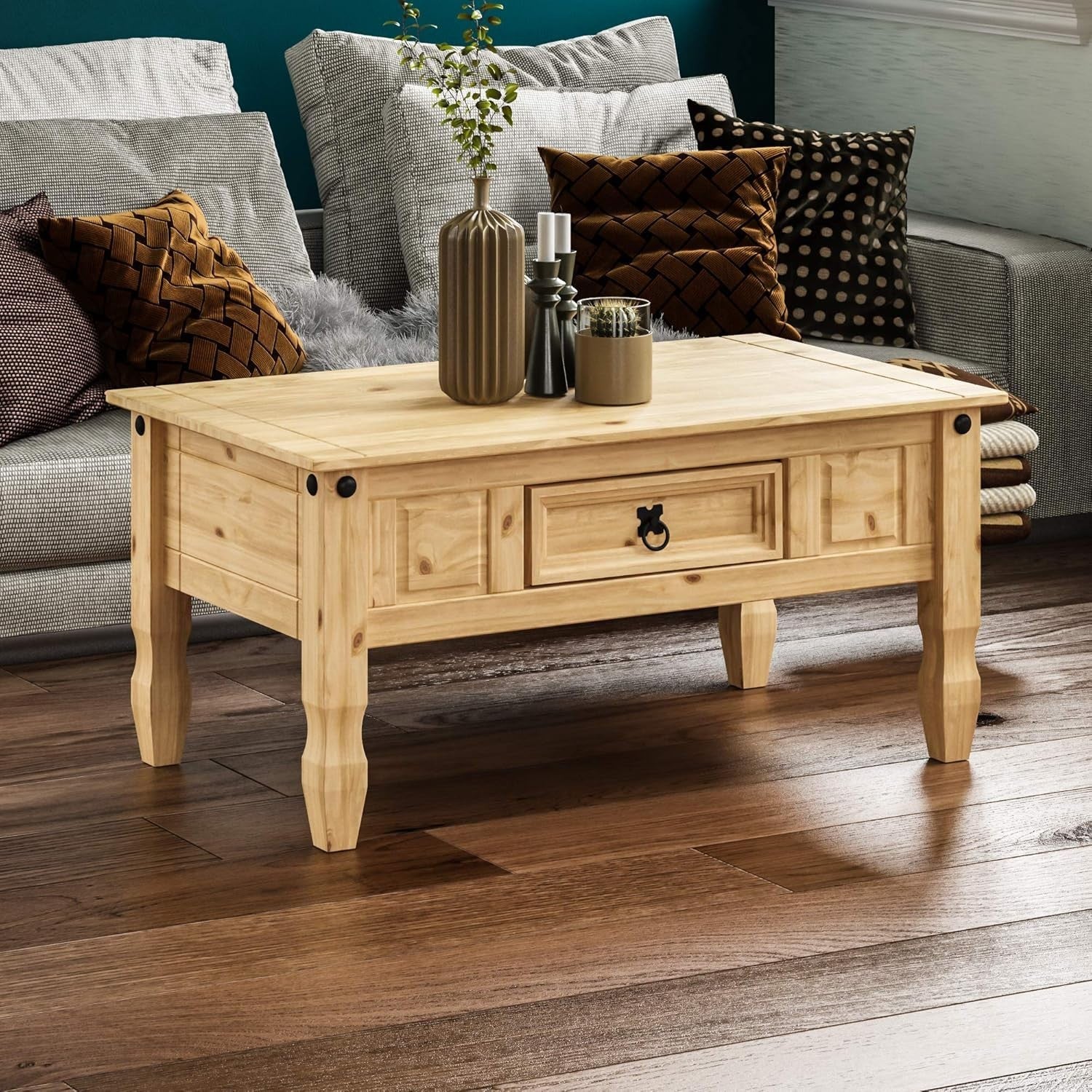 Rustic Solid Pine Coffee Table with Drawer – Distressed Wood, 94cm Wide