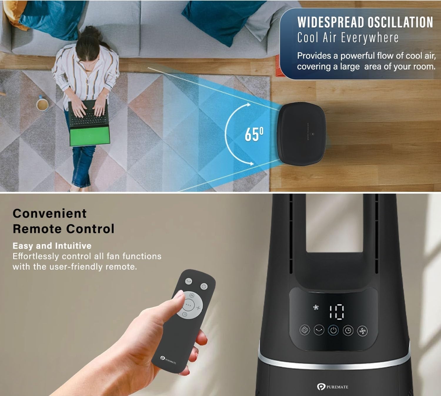 2-in-1 Bladeless Tower Fan Air Purifier HEPA Filter 10-Speed Remote Black Quiet