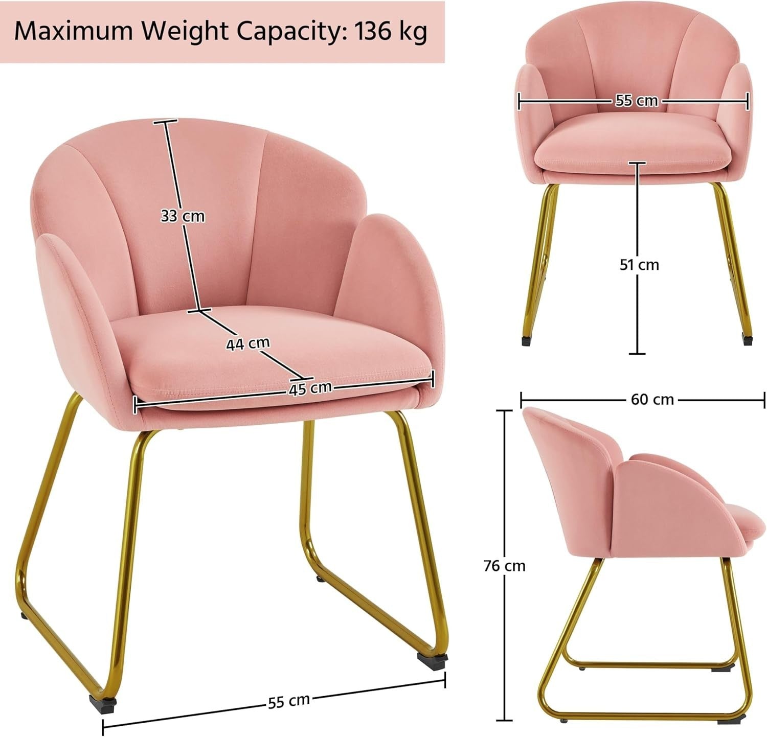 Pink Velvet Tub Vanity Chair Petal Accent Armchair with Gold Metal Legs