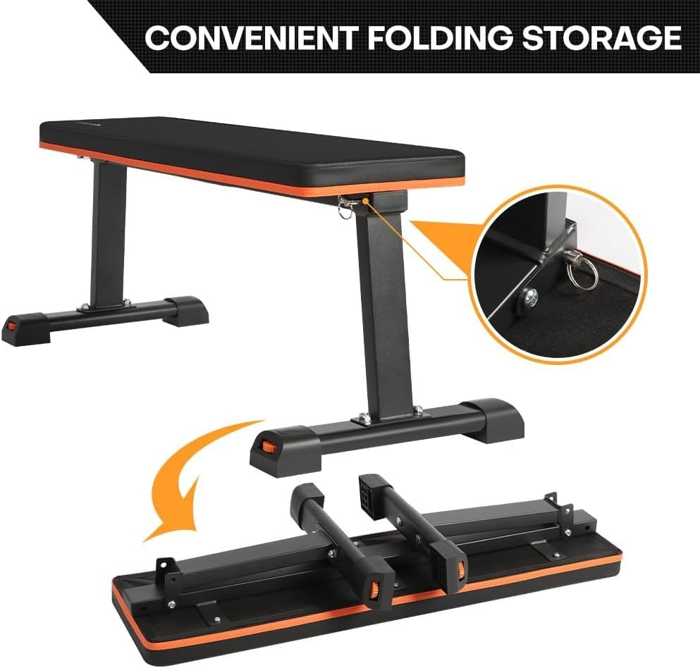 Foldable Flat Workout Bench 450lb Compact Strength Trainer Home Gym