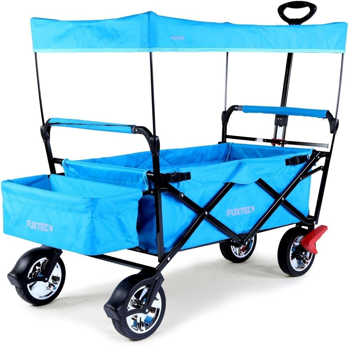 Blue Kids Folding Wagon Push Pull Stroller Cart w/ Canopy & Storage Bag